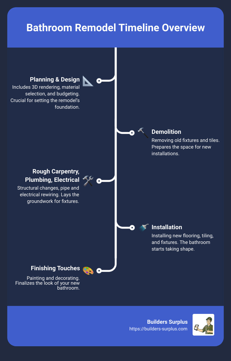 Infographic Description: The infographic breaks down average remodel timelines into four categories: 'DIY Small Bathroom Remodel' at 2-3 weeks, 'DIY Full-Scale Remodel' at 4-6 weeks, 'Professional Small Bathroom Remodel' at 1-2 weeks, and 'Professional Full-Scale Remodel' at 3-4 weeks. Each category has icons representing different stages of remodeling such as demolition, plumbing, tiling, and painting, with arrows indicating the progression from start to finish. Below the timeline, tips for a smooth remodel include 'Plan Ahead', 'Expect the Unexpected', and 'When in Doubt, Hire a Pro'. - how long does a bathroom remodel take infographic infographic-line-5-steps